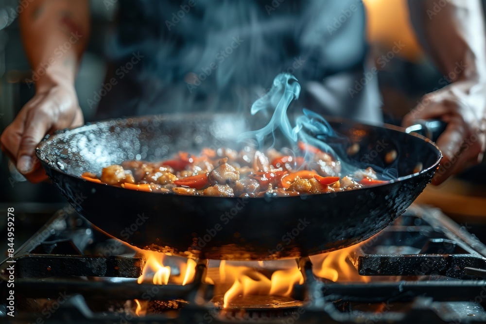 Intense image of stir-fried food being cooked over a high flame, showing the dynamic cooking process Intense image of stir-fried food being cooked over a high flame, showing the dynamic cooking process