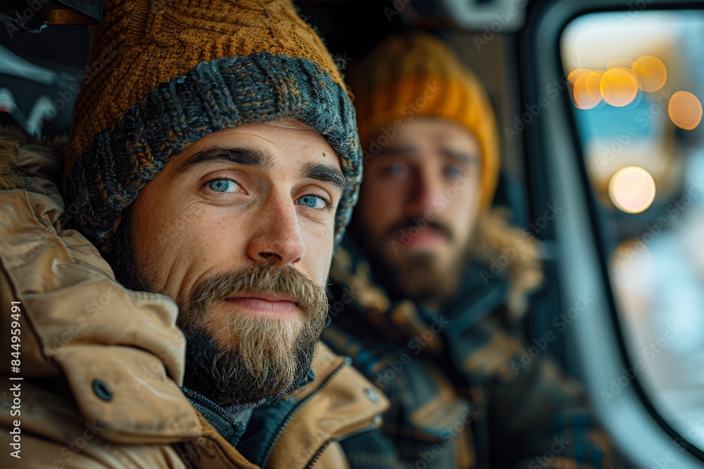 Sharp focus on a bearded man's face with another man in the background, both wearing winter attire Sharp focus on a bearded man's face with another man in the background, both wearing winter attire