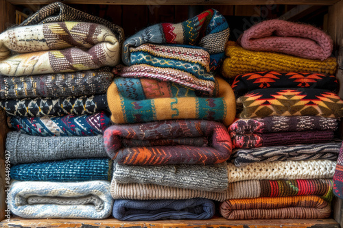 A pile of colorful, folded blankets stacked neatly in a rustic wooden shelf, highlighting a range of patterns and textures.. AI generated.