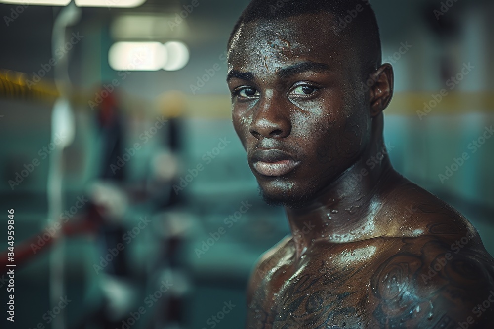 A close-up of a male boxer with sweat on his face, showing his tattooed torso and a determined expression A close-up of a male boxer with sweat on his face, showing his tattooed torso and a determined expression