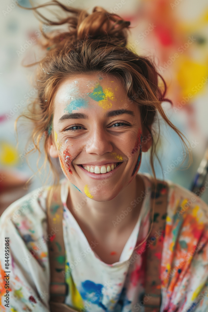 Young woman covered in colorful paint smiles brightly while working in her art studio, showcasing the joy and passion of the creative process Young woman covered in colorful paint smiles brightly while working in her art studio, showcasing the joy and passion of the creative process