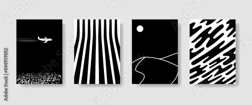 Abstract vector black and white posters with lines and spots. Set of simple colorless banners on gray background