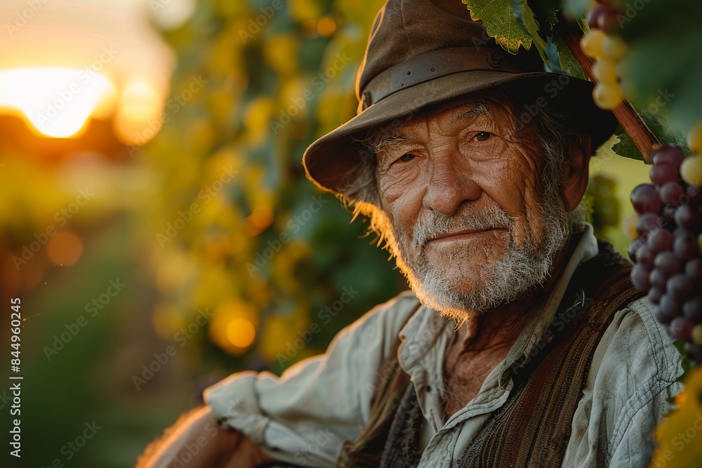 Elderly man with a hat posing in a vineyard at sunset, radiating wisdom and contentment Elderly man with a hat posing in a vineyard at sunset, radiating wisdom and contentment
