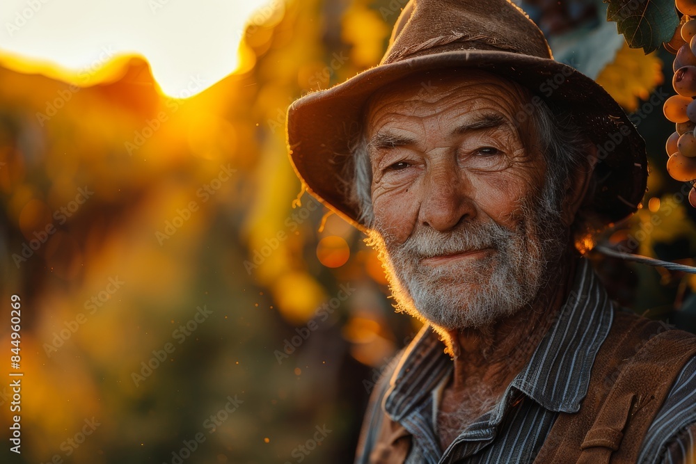 Smiling senior man with a hat, standing proudly among grapevines during golden hour Smiling senior man with a hat, standing proudly among grapevines during golden hour