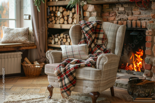 A cozy armchair with a plaid fabric, placed near a fireplace with a roaring fire in a rustic living room setting.. AI generated.