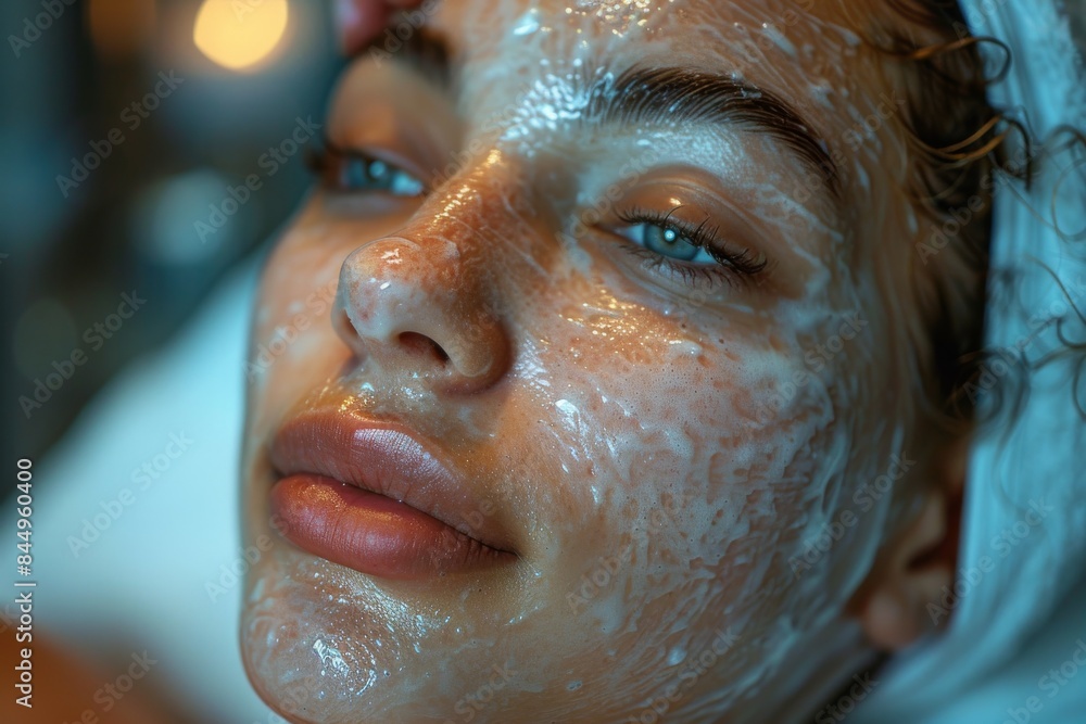 Detailed shot of a woman's face covered with exfoliating treatment, showcasing a skincare regimen in progress Detailed shot of a woman's face covered with exfoliating treatment, showcasing a skincare regimen in progress