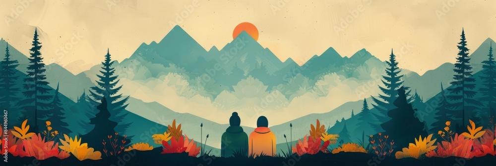 Fototapeta  A family hiking on a mountain trail