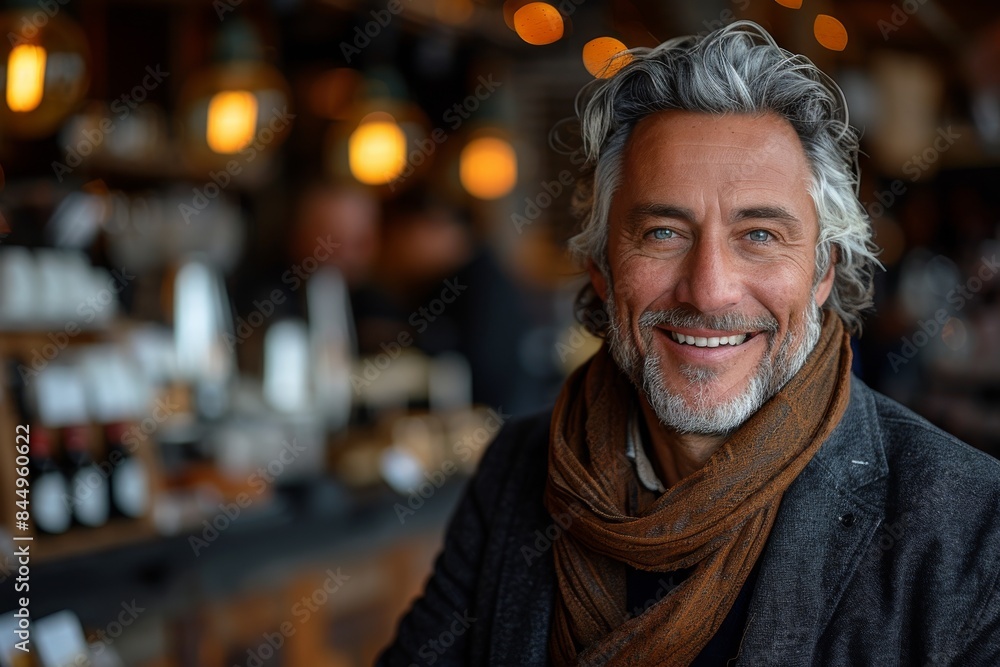 A sophisticated gentleman with silver hair and a warm smile offers a welcoming look in a cafe A sophisticated gentleman with silver hair and a warm smile offers a welcoming look in a cafe