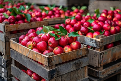 Crisp red apples stacked in rustic wooden crates  showcasing abundant fresh produce at a local market