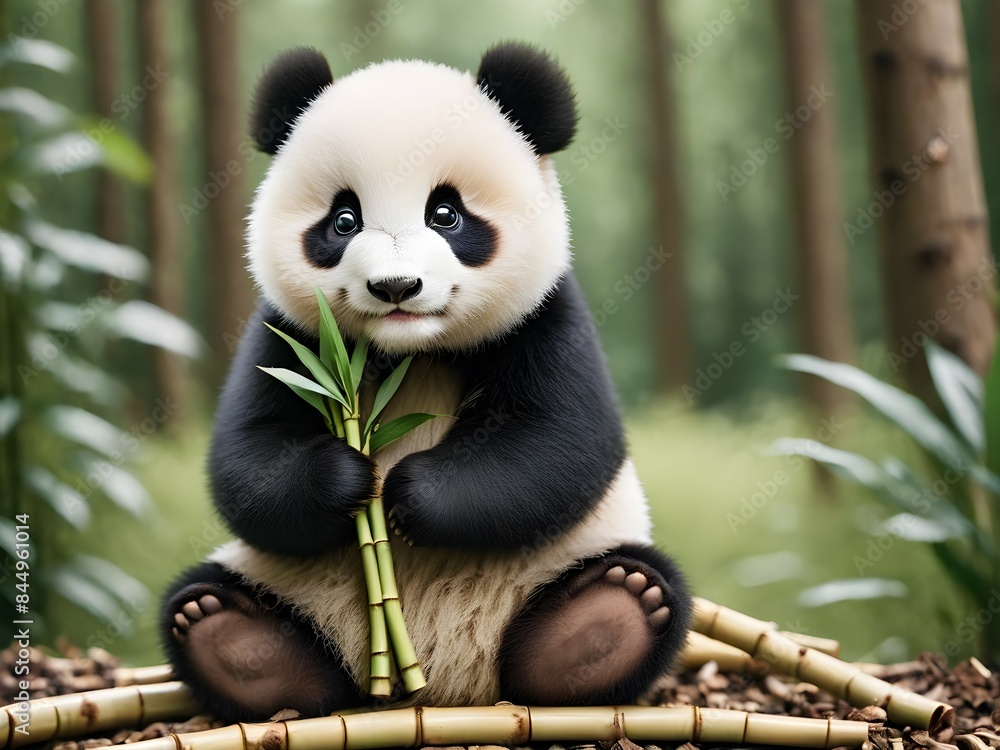 Obraz premium little panda eating bamboo