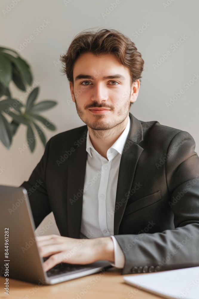 Young businessman is sitting at his desk, typing on a laptop. He is wearing a suit and tie and has a confident expression on his face Young businessman is sitting at his desk, typing on a laptop. He is wearing a suit and tie and has a confident expression on his face