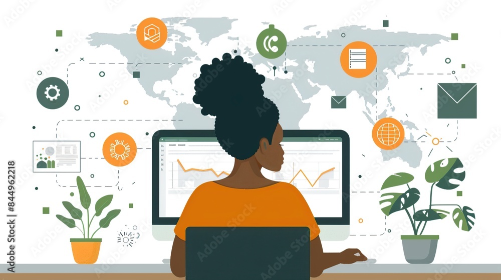 Woman Working On a Computer with Global Network. generative AI Woman Working On a Computer with Global Network. generative AI