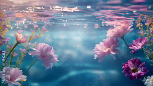 Fototapeta Naklejka Na Ścianę i Meble -  Natural background, flowers under water by water. Flowers floating under water and illuminated by sun rays