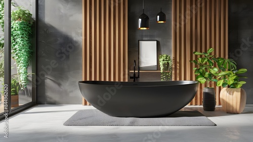 the essence of contemporary luxury with a sleek modern bathroom featuring a striking black freestanding tub  complemented by rich wooden accents and a blank poster mockup