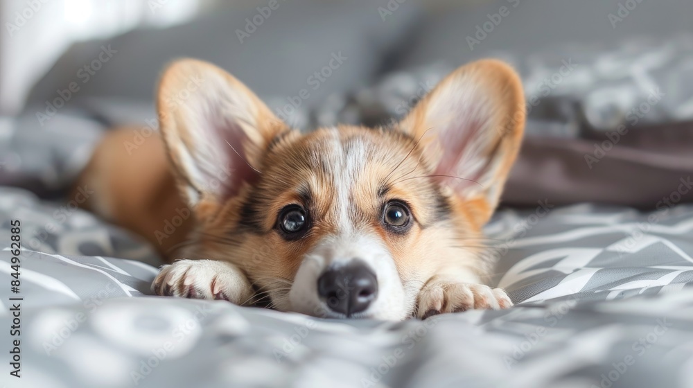 A corgi puppy lounges on the bed at home A corgi puppy lounges on the bed at home