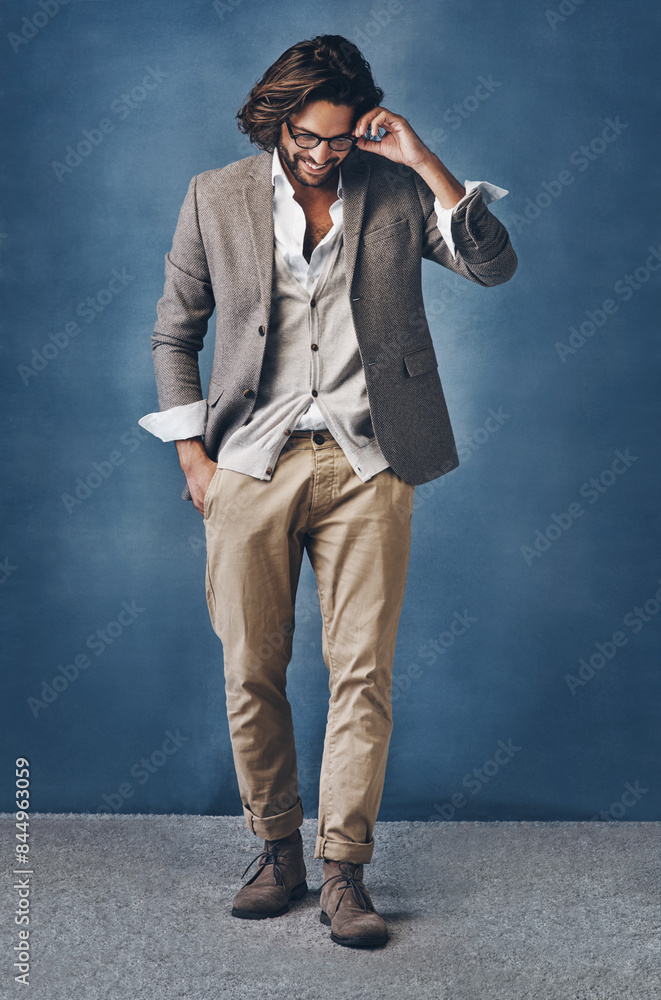 Business, man and thinking with smile on dark background for fashion or corporate career with executive look for manager roll or supervisor. Person, trendy and stylish in studio, thoughts and glasses Business, man and thinking with smile on dark background for fashion or corporate career with executive look for manager roll or supervisor. Person, trendy and stylish in studio, thoughts and glasses