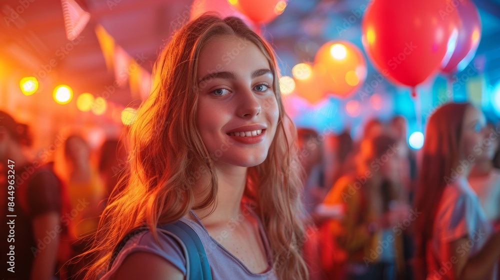A woman with a smile in front of balloons and people, AI A woman with a smile in front of balloons and people, AI