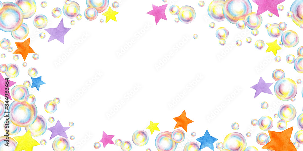 Watercolor illustration rectangular frame banner with soap bubbles and colorful stars. Symbol of summer fun, swimming, carnival, bubble party. Compositions for posters, cards, banners, flyers, covers. Watercolor illustration rectangular frame banner with soap bubbles and colorful stars. Symbol of summer fun, swimming, carnival, bubble party. Compositions for posters, cards, banners, flyers, covers.