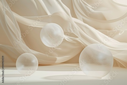 Wallpaper Mural Elegant abstract composition with translucent spheres and flowing fabric, creating a minimalistic aesthetic in soft tones. Torontodigital.ca
