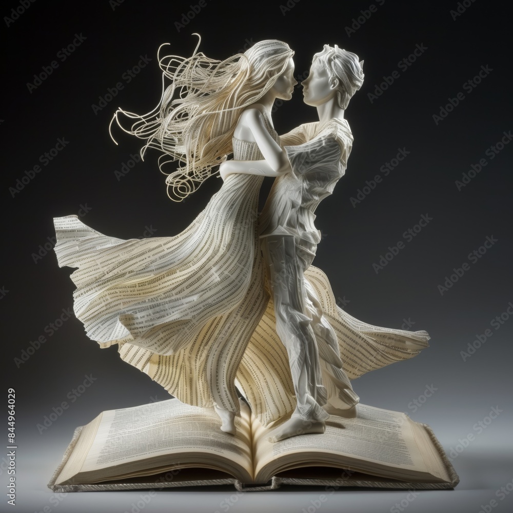 A couple of lovers is dancing on the open book. A book pages paper sculpture A couple of lovers is dancing on the open book. A book pages paper sculpture