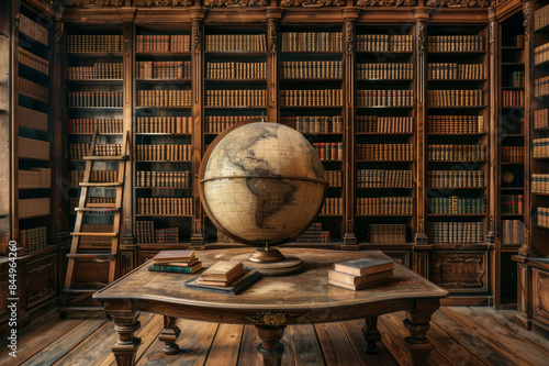 A vintage library scene with ornate wooden bookshelves filled with ancient tomes and a large  antique globe in the center of the room.. AI generated.