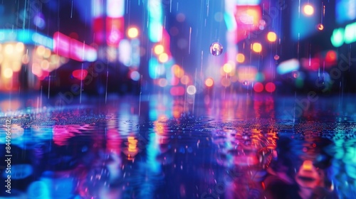 Softly blurred neon lights dancing off pavement and windows emulating the dreamy and moody atmosphere of a rainy city night. .
