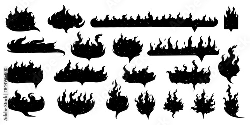 Fire speech bubble icon set. Hand drawn fire chat icon set, isolated on white background. Fire and flame, chat icon set.