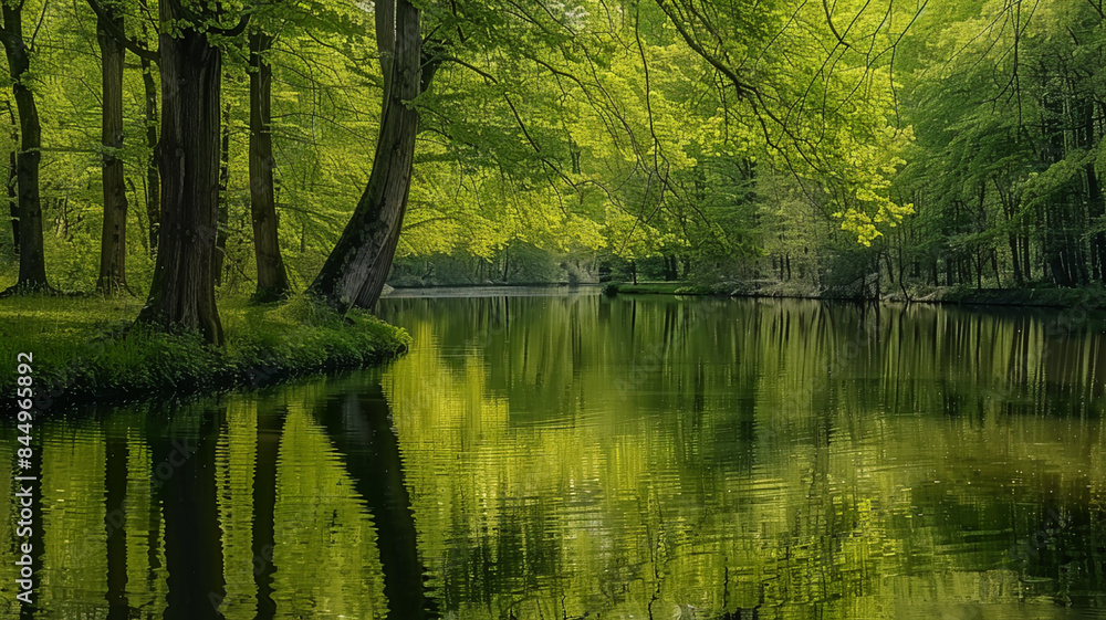 Tranquil scene of a green forest reflecting in water, AI Generative Tranquil scene of a green forest reflecting in water, AI Generative