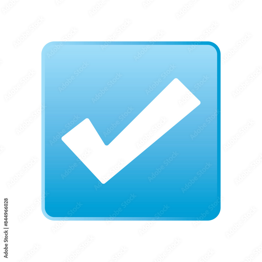 Blue positive vote button with checkmark accept complete task badge vector illustration. Success confirmation logotype keypad agree approved check mark. Done checkbox. Tick button emoji icon. Blue positive vote button with checkmark accept complete task badge vector illustration. Success confirmation logotype keypad agree approved check mark. Done checkbox. Tick button emoji icon.