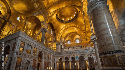 The interior of a church with a golden ceiling photo