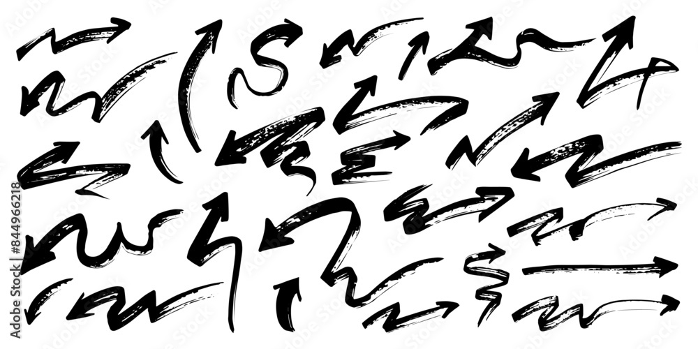 Hand drawn grunge brush arrows set. Set of hand drawn grunge brush arrows, isolated on white background. Hand drawn grunge brush arrows set. Set of hand drawn grunge brush arrows, isolated on white background.