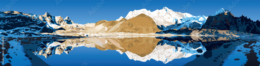 Mount Cho Oyu mirrored on the lake surface, Cho Oyu base camp, morning view, vector illustration, Gokyo valley, Khumbu valley, Everest area, Sagarmatha national park, Nepal himalayas mountains Mount Cho Oyu mirrored on the lake surface, Cho Oyu base camp, morning view, vector illustration, Gokyo valley, Khumbu valley, Everest area, Sagarmatha national park, Nepal himalayas mountains