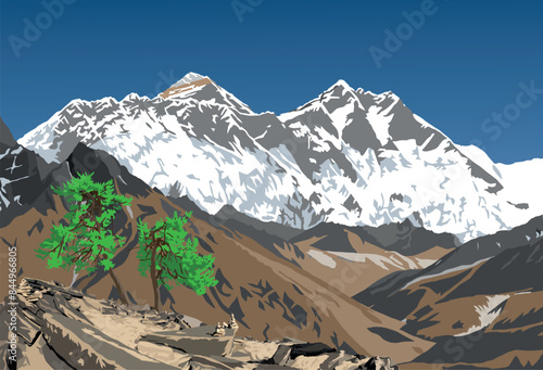 Mount Lhotse and Nuptse south rock face, top of Mt Everest and Ama Dablam peak, vector illustration, Khumbu valley, Everest area, Nepal himalayas mountains