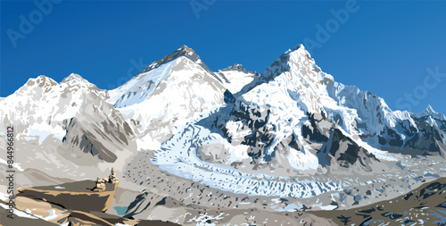 mount Everest Lhotse and Nuptse from Nepal side as seen from Pumori base camp, vector illustration, Mt Everest 8,848 m, Khumbu valley, Sagarmatha national park, Nepal Himalayas mountains