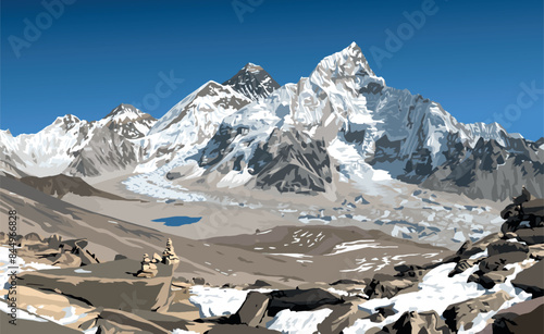mount Everest and Nuptse from Nepal side as seen from Kala Patthar peak with stone pyramid, vector illustration, Mt Everest 8,848 m, Khumbu valley, Sagarmatha national park, Nepal Himalayas mountains