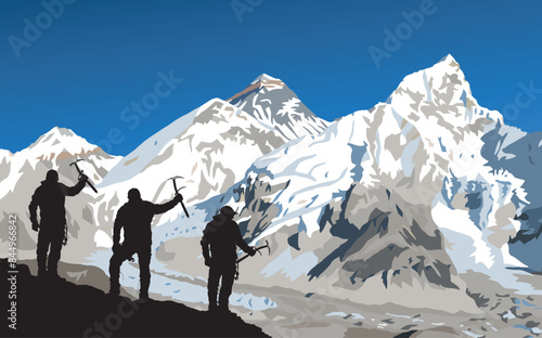 mounts Everest and Nuptse from Nepal side as seen from Kala Patthar peak with black silhouette of three climbers with ice axe in hand, vector illustration, Nepal Himalaya mountain