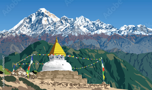 Mount Dhaulagiri peak and buddhist stupa or chorten and prayer flags, Buddhism in Nepal himalayas mountains