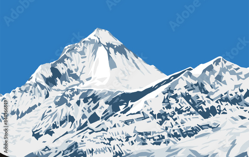 Mount Dhaulagiri peak as seen near Thorung La pass, Mount Annapurna circuit trekking trail, vector illustration, Nepal Himalayas mountains