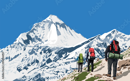 Mount Dhaulagiri peak as seen near Thorung La pass and three hikers, Mount Annapurna circuit trekking trail, vector illustration, Nepal Himalayas mountains