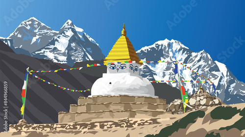 Buddhist stupa or chorten, way to Mt Everest base camp, himalayas mountains, buddhism in Khumbu valley under mount Everest, Nepal