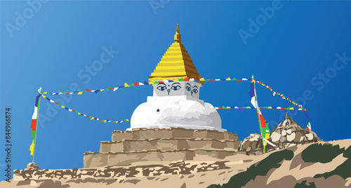 Buddhist stupa or chorten with prayer flags isolated on blue sky background, Buddhism in Nepal, made according to stupa near Dingboche village, Khumbu valley near mount Everest