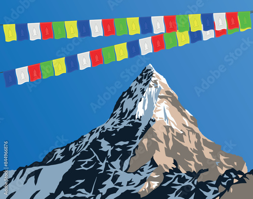Mountain vector illustration, Himalayas mountains, beautiful peak, buddhist prayer flags, mount Everest 