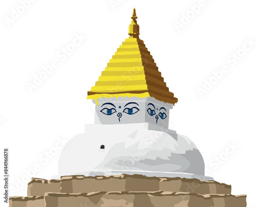Buddhist stupa or chorten isolated on white sky background, Buddhism in Nepal, made according to stupa near Dingboche village, Khumbu valley near mount Everest