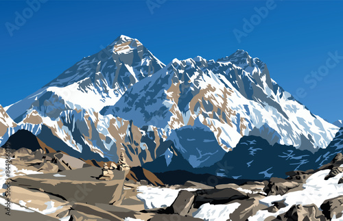 Mount Everest and Lhotse from Gokyo peak, vector illustration, Khumbu valley, Everest area, Nepal himalayas mountains