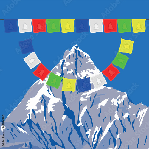 vector illustration of mount Machapuchare or Machhapuchhare and biddhist prayer flags, Annapurna range, Nepal Himalaya mountains