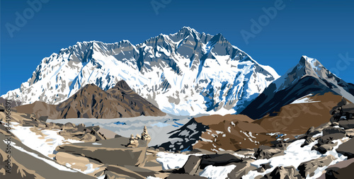 Mount Lhotse south rock face and stone pyramid, vector illustration, Khumbu valley, Everest area, Nepal himalayas mountains