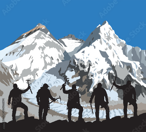 mount Everest Lhotse and Nuptse from Nepal side as seen from Pumori base camp and silhouette of five climbers with ice axe in hand, vector illustration, Khumbu valley, Nepal Himalayas mountains