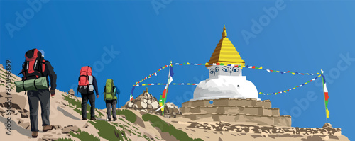 Thtee hikers climbers trekkers mountaineers of backpackers with a big backpacks on his back and buddhist stupa or chorten with prayer flags isolated on blue sky background