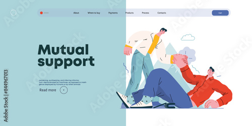 Mutual Support: Helping a fallen person get up -modern flat vector concept illustration of man assisting another man to stand up A metaphor of voluntary, collaborative exchanges of resource, services