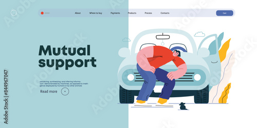 Mutual Support: Adopting a stray animal -modern flat vector concept illustration of man stopping his car for a kitten on the road A metaphor of voluntary, collaborative exchanges of resource, services